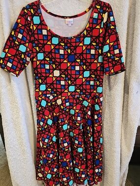 LuLaRoe Red Geometric Multicolor Skater Dress